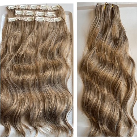Human hair blend Clip In Light Brown Hair Extensions 20 In Wavy Hair - Picture 2 of 6